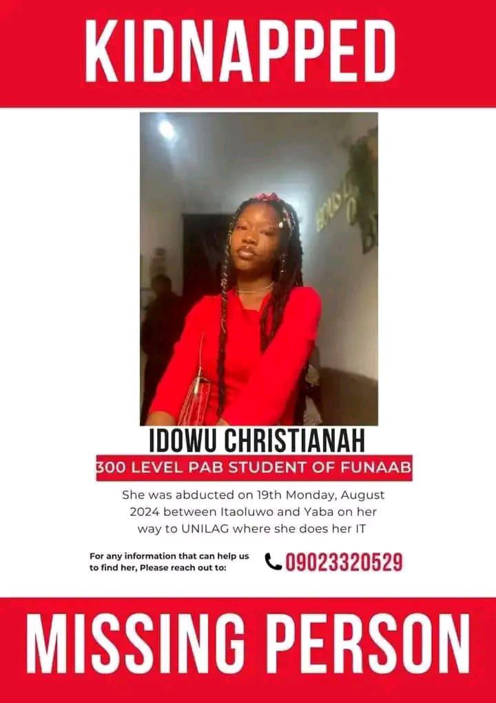 Missing FUNAAB student, Christianah Idowu has been found dead.