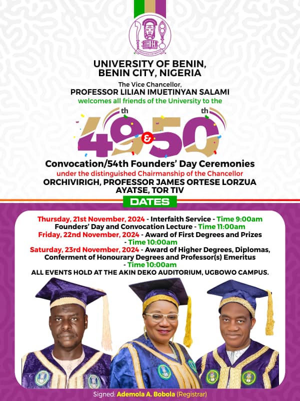 University of Benin Set to Host 49th and 50th Convocation, 54th Founders’ Day Ceremonies